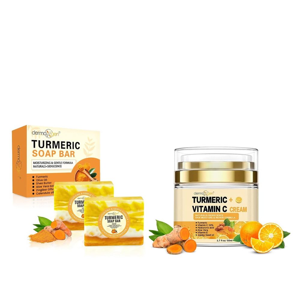 DERMAXGEN Turmeric Face Cream & Soap Bar Bundle  Hydrating Moisturizer and Gentle Cleansing Bars with Organic Ingredients  Skincare Set for Face & Body