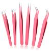6 Pcs High Precision Lash Tweezers Set Eyelash Extension Tweezers Stainless Steel Eyelash Tweezer for Women Lash Extension Tools Supplies Classic Mega Volume Lashs Facial Hair Crafting Making(Pink) view 1