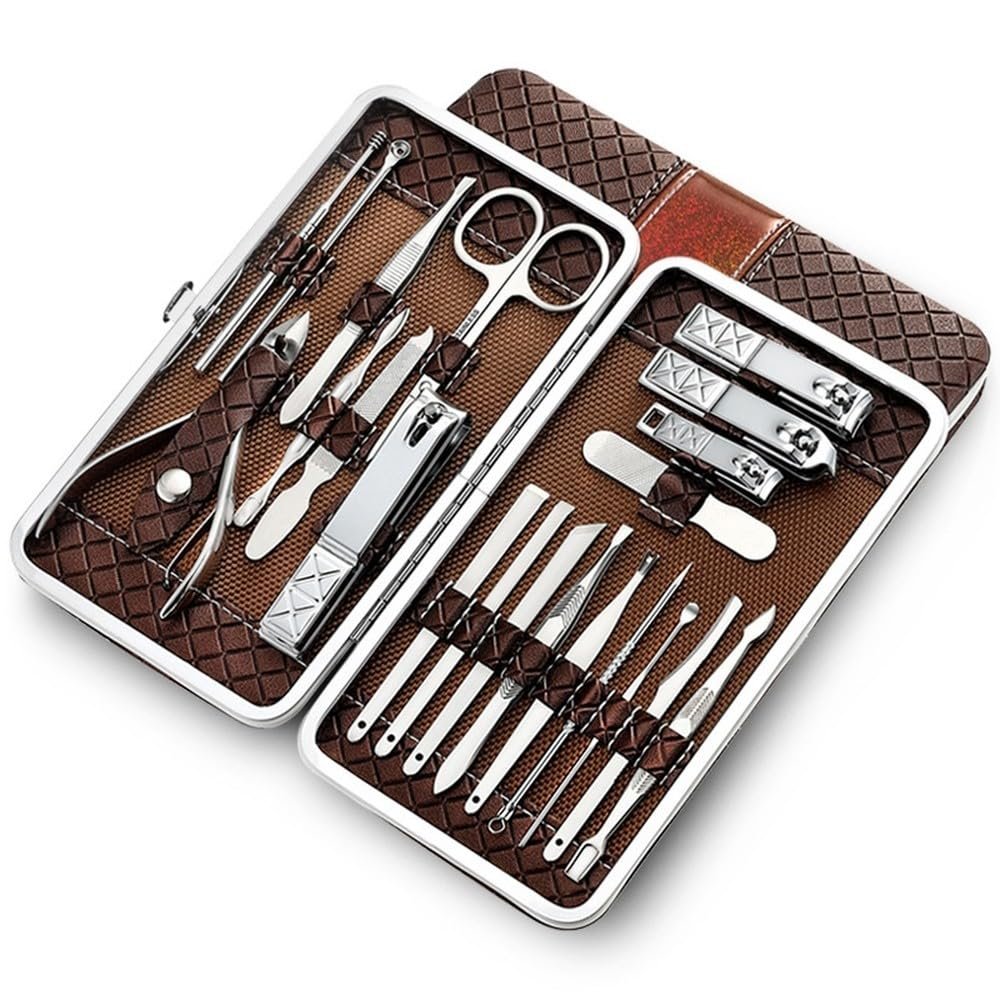 21-Piece Medical Pedicure System - Stainless Steel Paronychia Nippers Set | Doctor-Recommended Ingrown Nail Treatment,Brown 21 pcs