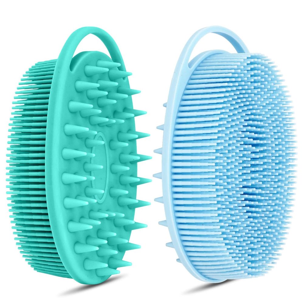 2PCS Silicone Body Scrubber, Premium Silicone Loofah for Women Men and Kids, Gentle Exfoliating Shower Bath Scrubber for All Kinds of Skin (Blue & Green)