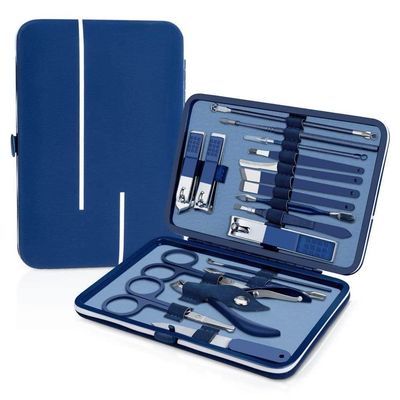 18-Pc Blue Leather Gift Set - Stainless Steel Manicure Tools for Men & Women | Travel-Ready Pedicure Kit,18 Pieces in Set