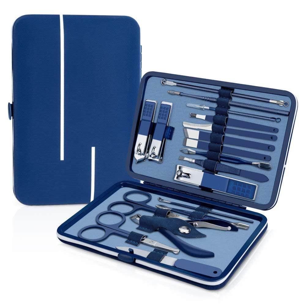 18-Pc Blue Leather Gift Set - Stainless Steel Manicure Tools for Men & Women | Travel-Ready Pedicure Kit,18 Pieces in Set