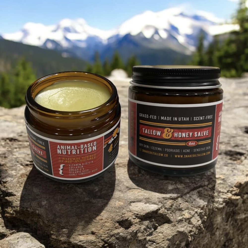 Tallow & Honey Salve (1oz) - Made in USA - Grassfed, Small Batch - Great for Face and Body, Eczema, Acne, Psoriasis - Unscented - 4 Organic Ingredients