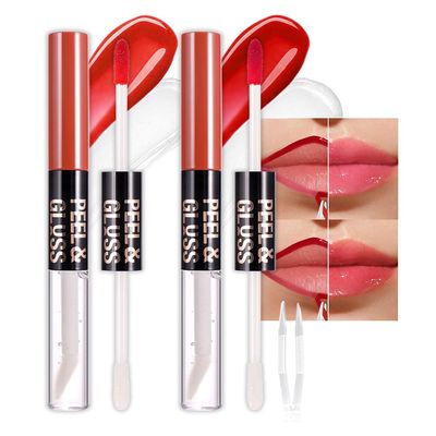 JUAAZIN 2Pcs Liquid Lip Stain Peel Off Lip liner and Lip oil with Tweezer, Dual-Ended Peel Off Lip Stain Tattoo, Highly Pigmented Long Lasting Waterproof, Transfer-proof for All Skin Types, 02#+04#