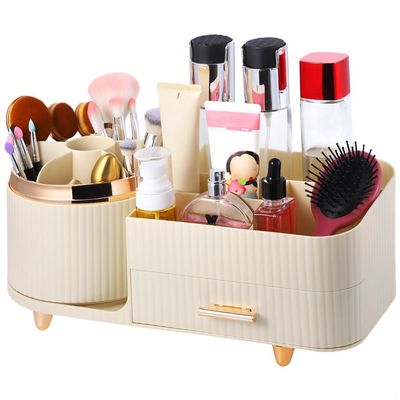 360 Rotating Cosmetic Organizer, Large Capacity Makeup Case With Drawer For Skincare, Brushes, Lipsticks, And More