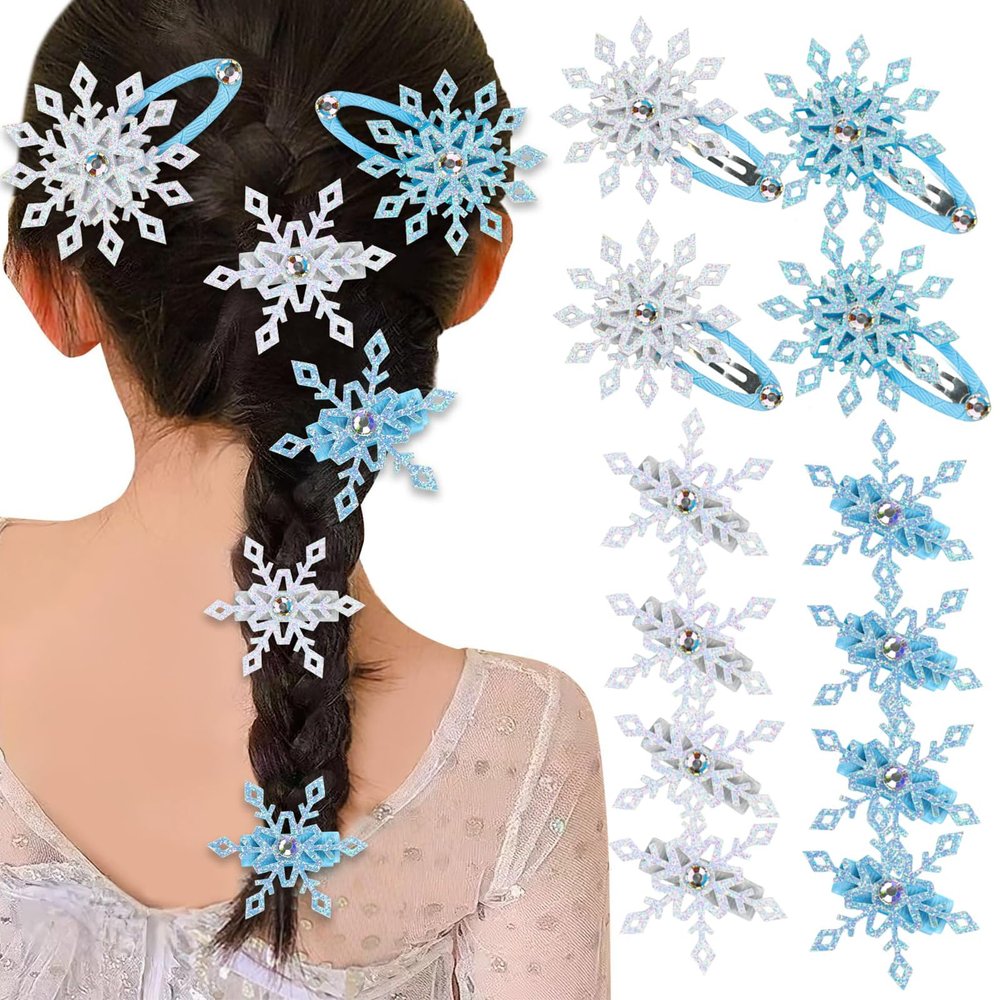 12 PCS Sparkly Snowflake Hair Clip, Blue White Christmas Hair Accessories for Women GirlsFestive Snowflake Hairpins Party Hair Accessory Gift Set