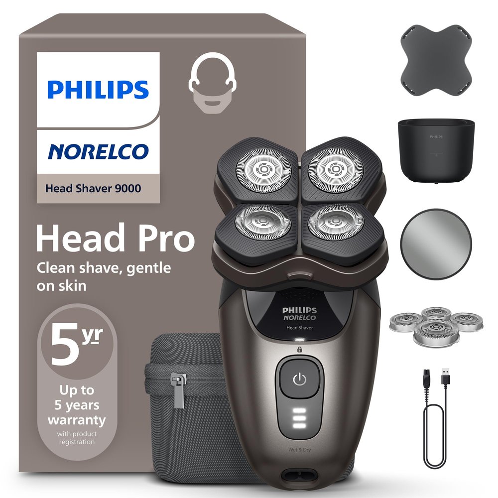 Philips Norelco Head Shaver Pro 9000 Series - Skull Shaver for Men and Women, 360 Flexing Head & ComfortCut Blades for Clean Shave, Gentle on Skin, Model HS9980/40