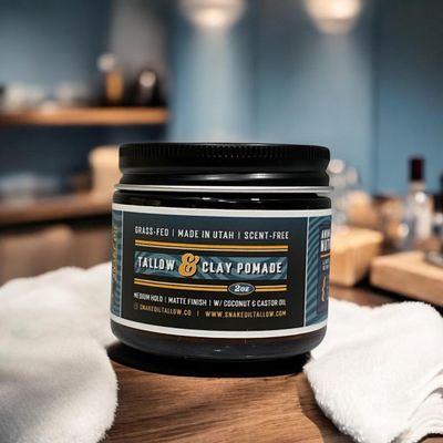 Tallow & Clay Pomade 4oz - USA Made - Handmade, Unscented Natural Hair Product - Matte finish, Medium Hold - Bentonite Clay, Castor Oil, Beeswax, Grassfed Tallow - Great for Kids and Adults