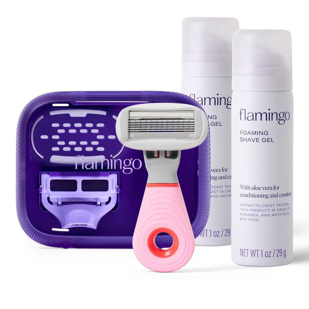 Flamingo Travel Razor Kit for Women  Body & Pubic Razor  Mini Handle, 2 Blade Refills, 2 Travel Size Foaming Shave Gels & Vented Case  Perfect Stocking Stuffer