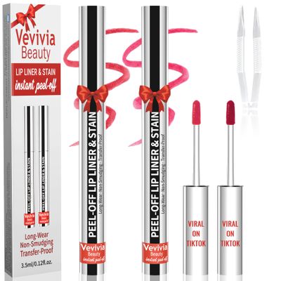 2pcs Lip liner Stain Peel Off,Lip Stain Waterproof Long Lasting,2-in-1 Lip Liner with Tweezer,Non-Fading Peel Off Lip Color,Stay On All Day,Perfect for Gift ,Highly Pigmented Color(Nude+Rose)