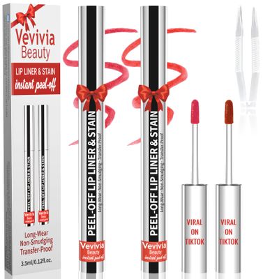 2pcs Lip liner Stain Peel Off,Lip Stain Waterproof Long Lasting,2-in-1 Lip Liner with Tweezer,Non-Fading Peel Off Lip Color,Stay On All Day,Perfect for Gift ,Highly Pigmented Color(Nude+Cocoa)