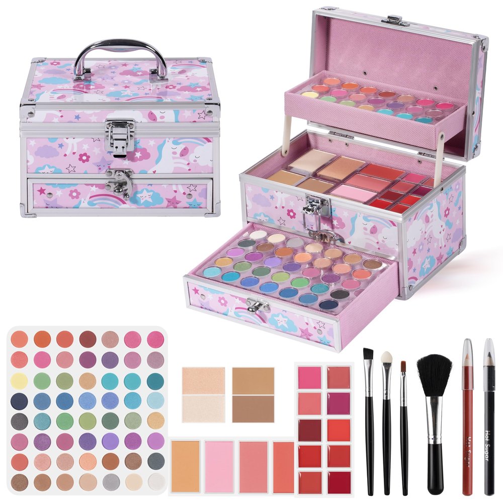 Hot Sugar Makeup Kit for Teens with Unicorn Train Case, Portable Beginner Makeup Gift Set, Makeup Beauty Kit for Girls