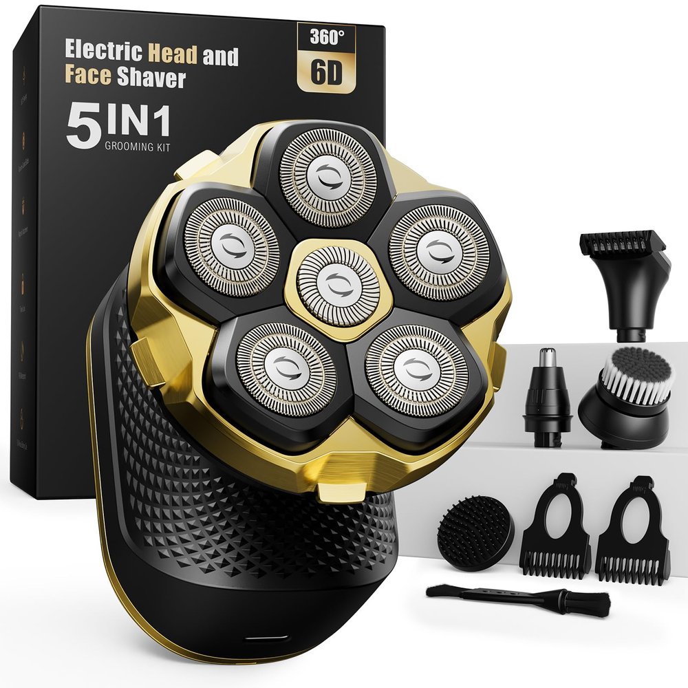 2026 New Head Shaver for Bald Men - Trimcoo 5-in-1 Magnetic Electric Trimmer with Titanium Blades | Gentle on Sensitive Scalp | IPX7 Waterproof, Powerful 8500 RPM, USB-C Charge & LED Display (Gold)