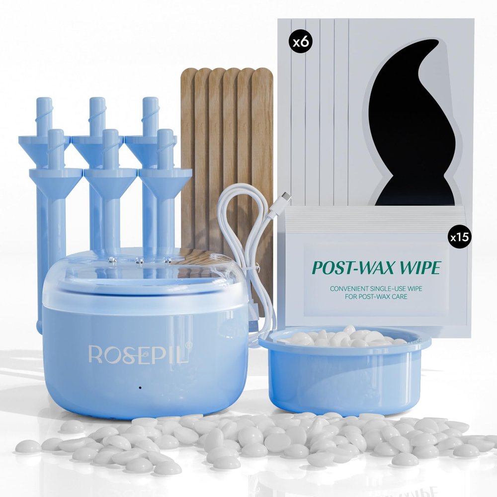 Rosepil Nose Ear Eyebrow Upper Lip Waxing Kit for Men & Women - 50g Wax, 6 Sticks, 6 Nose Applicators, Portable Wax Warmer with Smart Temp Control & Red/Green Light Guidance, Multi-Use Home & Travel