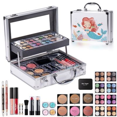 Hot Sugar Makeup Kit for Girls, Kids Makeup Set with Mermaid Train Case Includes Eyeshadow Palette, Blush, Lipstick, Lip Pencil, Eye Pencil