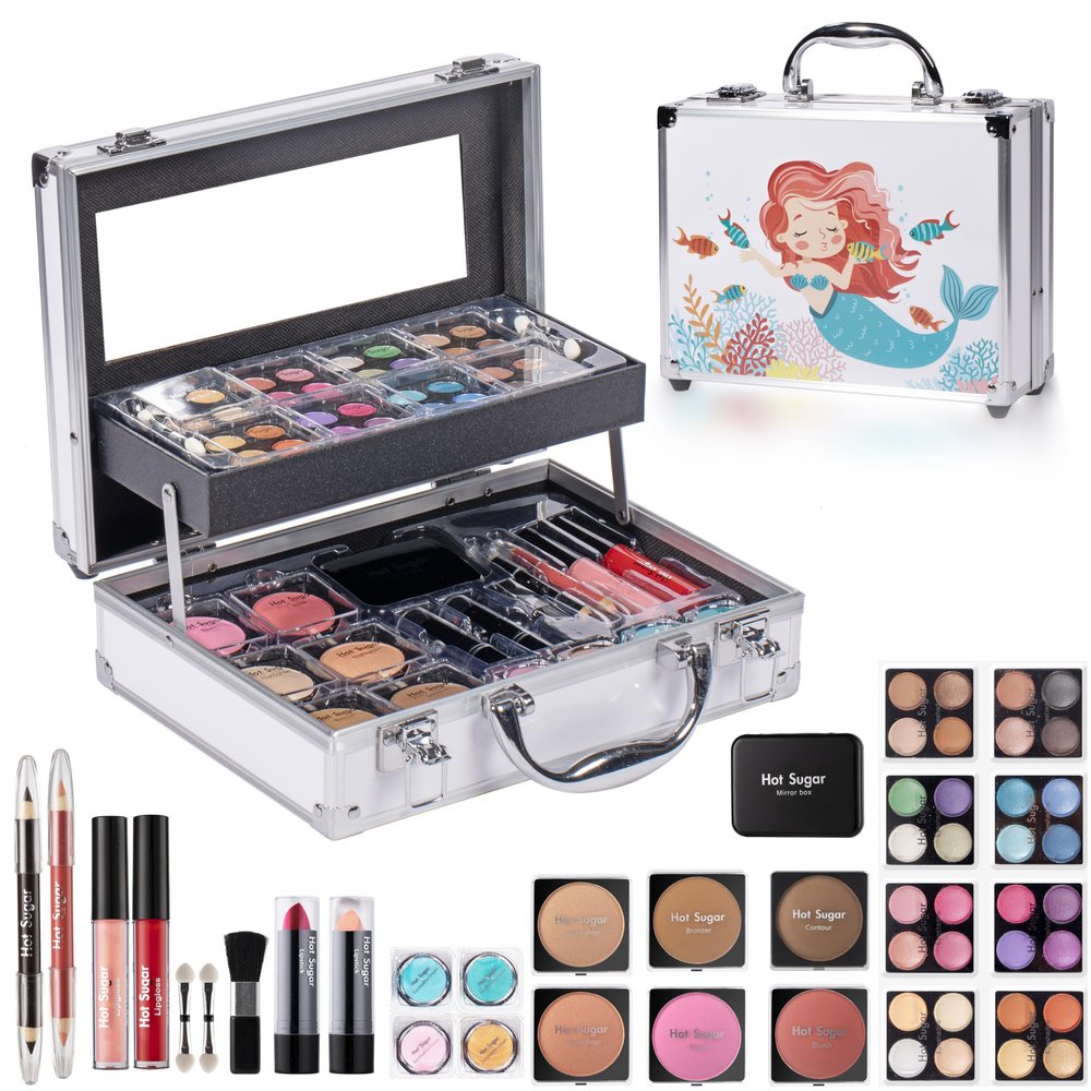 Hot Sugar Makeup Kit for Girls, Kids Makeup Set with Mermaid Train Case Includes Eyeshadow Palette, Blush, Lipstick, Lip Pencil, Eye Pencil