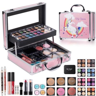 Hot Sugar Makeup Kit for Girls, Kids Makeup Set with Unicorn Train Case Includes Eyeshadow Palette, Blush, Lipstick, Lip Pencil, Eye Pencil