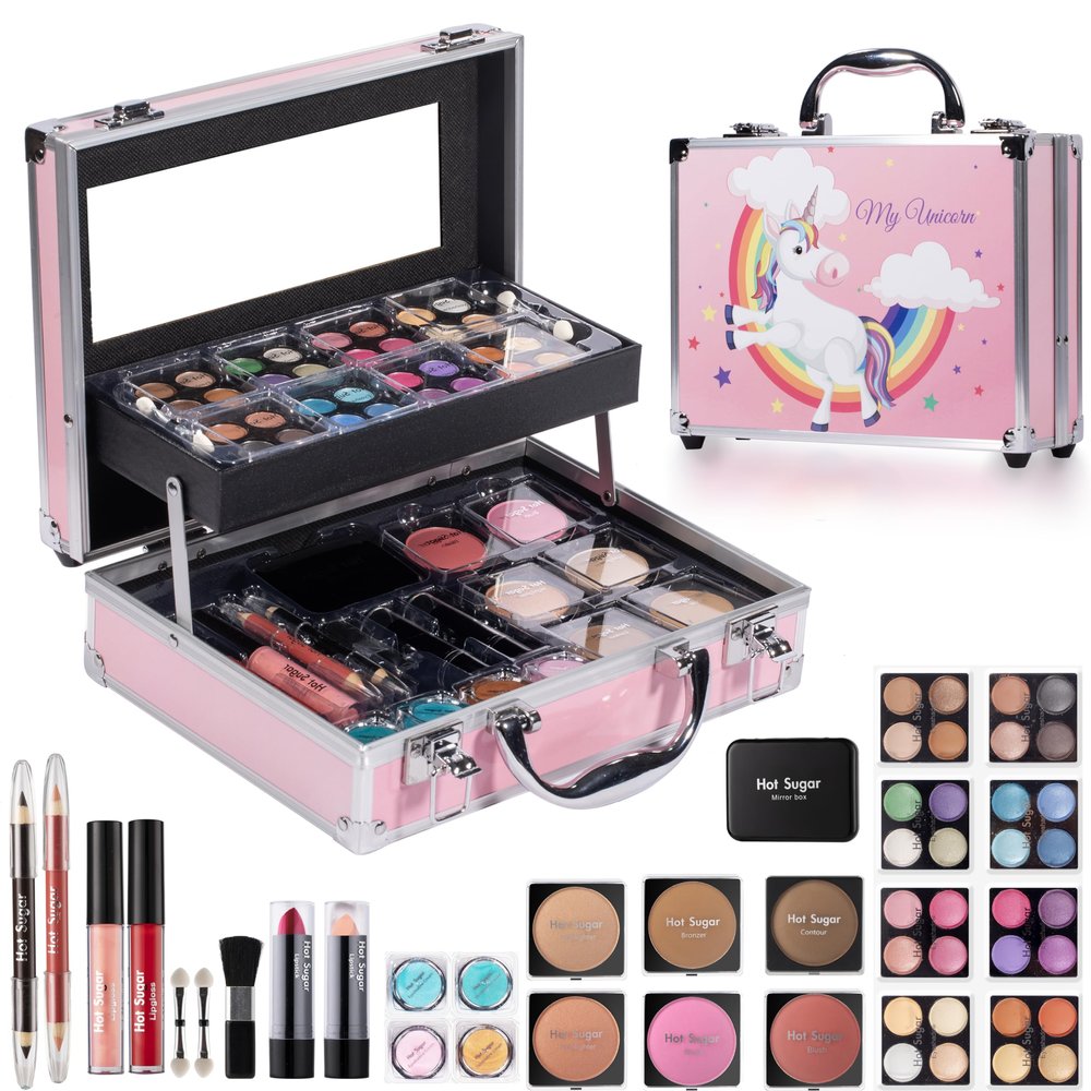 Hot Sugar Makeup Kit for Girls, Kids Makeup Set with Unicorn Train Case Includes Eyeshadow Palette, Blush, Lipstick, Lip Pencil, Eye Pencil