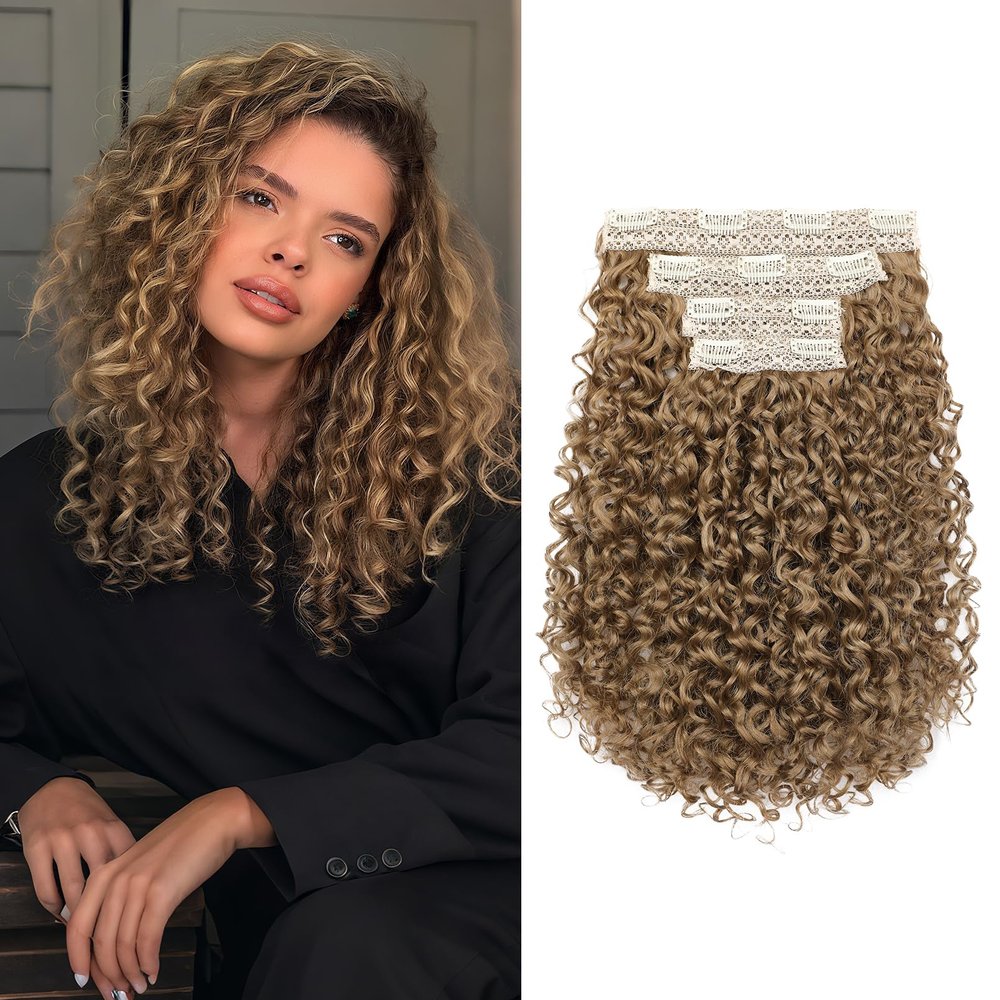 FLUFYMOOZ 4PC Clip in Hair Extensions, 14 Inch 100 Pure Protein Silk Short Hairpiece Deep Curly Wavy Hair Extensions Clip in Natural Soft Hairpiece for Women-Deep Dirty Blonde
