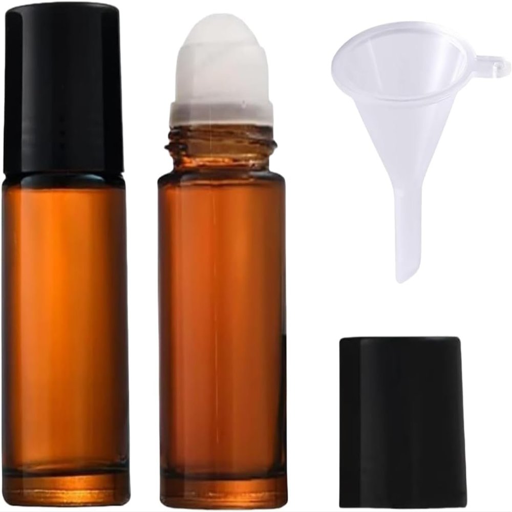 2 Pcs Brown Empty Glass Essential Oil Roller Bottles Vials Containers Refillable Roll-on Bottles with Funnel Refillable Cosmetic Containers Roller Balls for Essential Oilswithout funnel (50ml)
