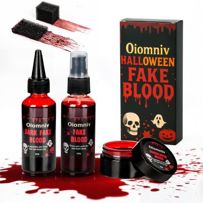 Oiomniv 5PCS Fake Blood Kit, 2.03oz Fake Blood Spray 2.03oz Dripping Blood 1.01oz Coagulated Blood Gel, Realistic Halloween SFX Makeup Washable for Zombie Vampire Cosplay Costume
