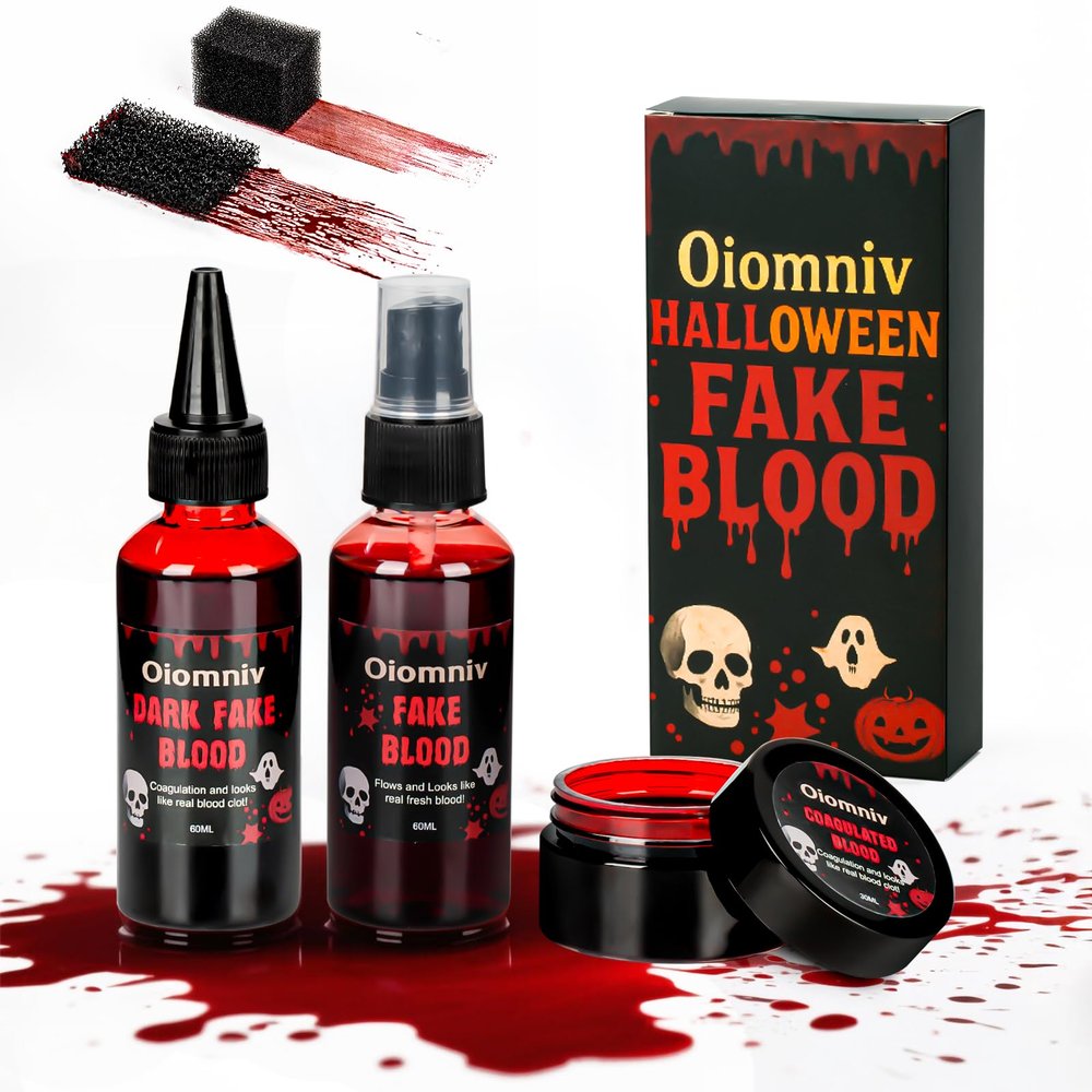 Oiomniv 5PCS Fake Blood Kit, 2.03oz Fake Blood Spray 2.03oz Dripping Blood 1.01oz Coagulated Blood Gel, Realistic Halloween SFX Makeup Washable for Zombie Vampire Cosplay Costume