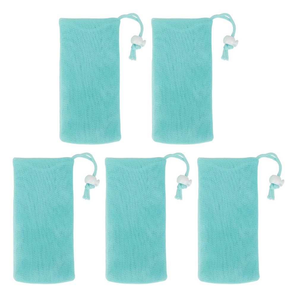 Exfoliating Mesh Soap Pouch, Soap Foaming Net for Body and Facial Cleansing, Premium PE Material, Soft and Durable, Drawstring Design for Easy Storage, Set of 5