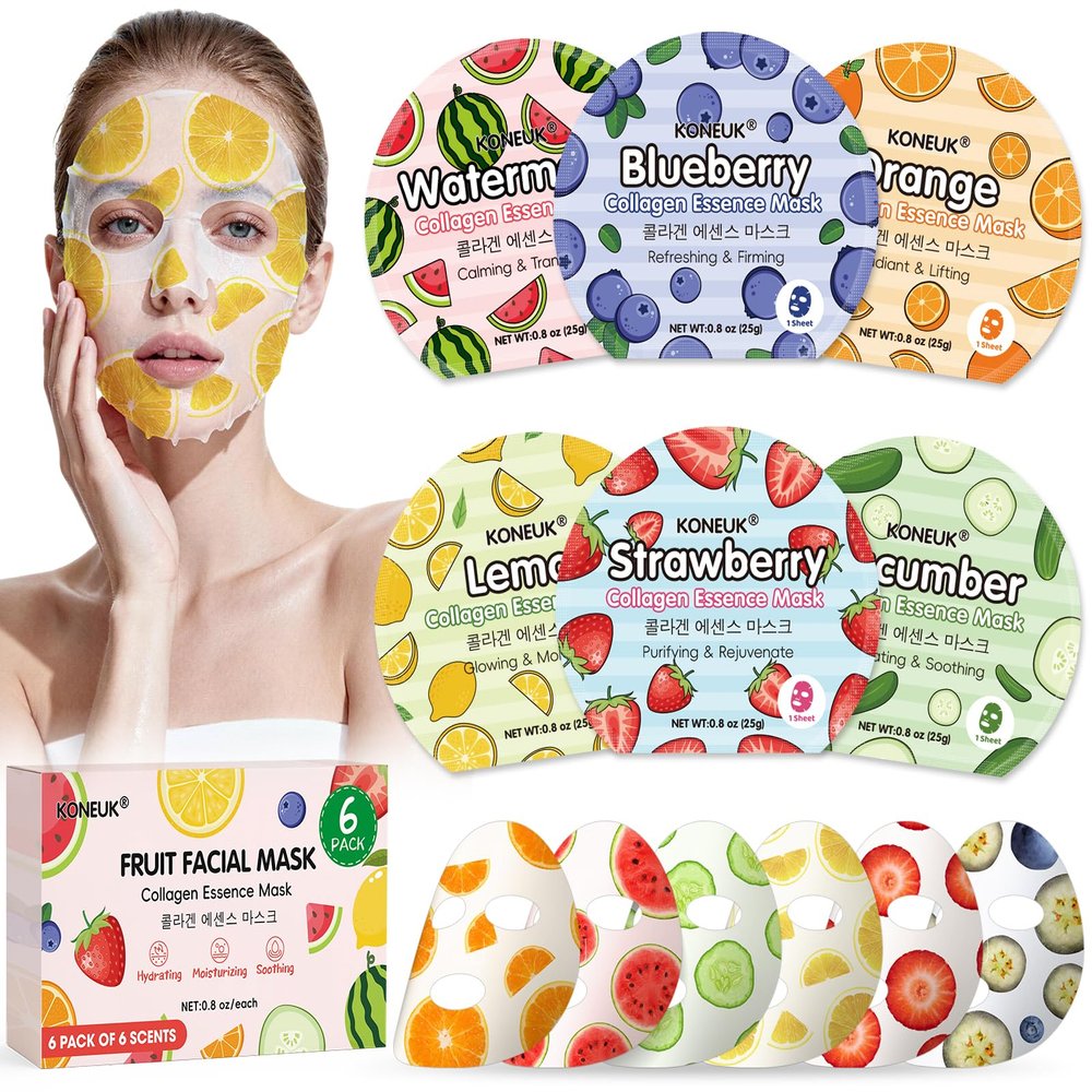 KONEUK 6 Pack Colorful Fruit Face Masks Skincare, Sheet Hydrating Face Mask, Collagen Facial Mask for Skin Care, Spa Birthday Party Supplies, Bulk Teacher Gifts, Graduation Gifts and Party Favors