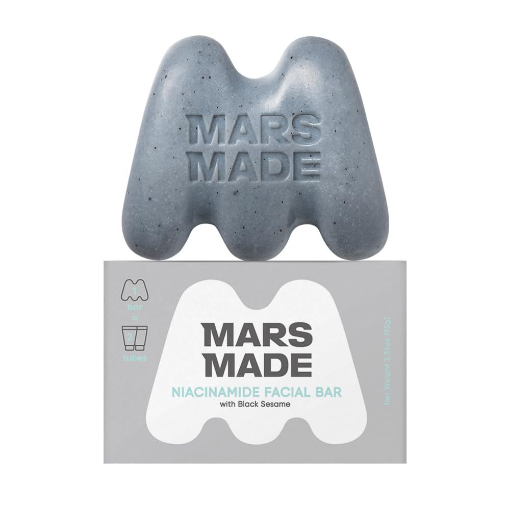 MARS MADE Niacinamide Facial Bar with Black Sesame - Nourishing & Moisturizing Face Wash Soap Bar for All Skin Types - Vegan & Travel-Friendly Korean Skincare (95g, 3.35 oz)
