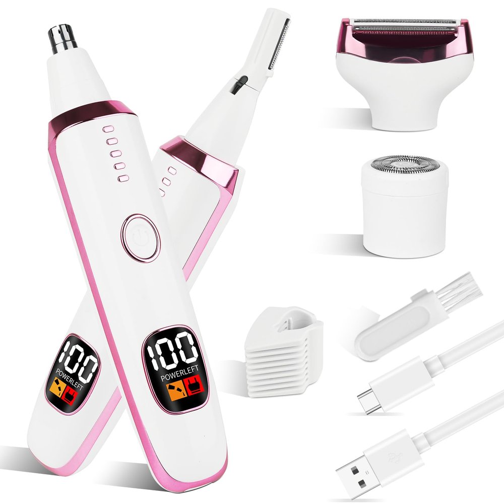 Mendaping 2025 Rechargeable Nose and Ear Hair Trimmer with LED Dispaly for Women Men,4 in 1 Painless Eyebrow & Facial Hair Trimmer with Powerful Motor,Ladies Wet & Dry Electric Razor (White)