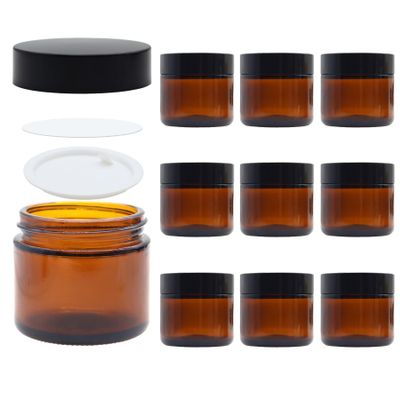 1.77oz Thick Small Glass Jars w/Lids & Inner Liners,WINCUR Refillable Cosmetic Lotion Containers Bottle Amber Glass Mason Jars for Cream, Honey, Jam, Jelly 10 Pack(Black Lids 2.2 * 1.77")