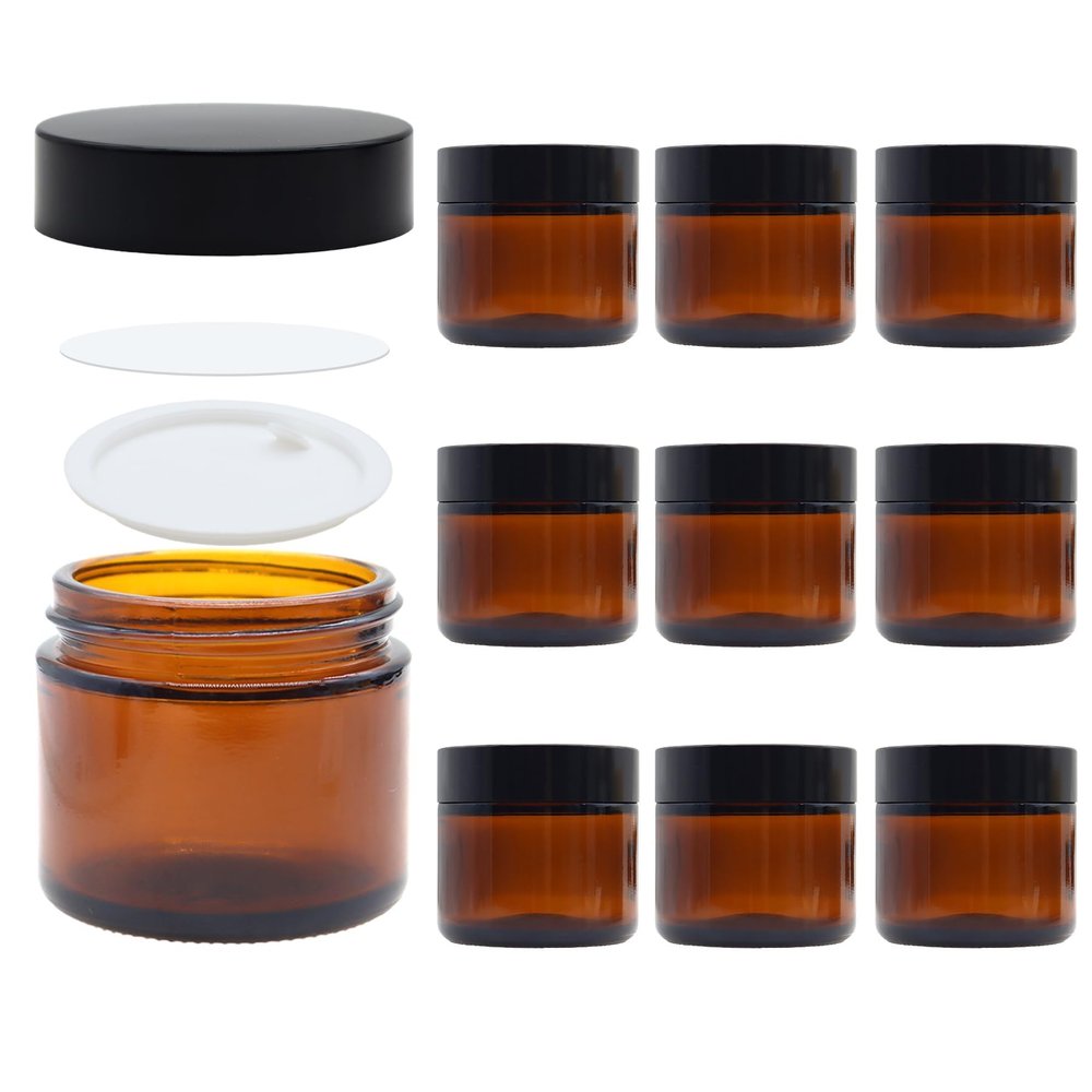 1.77oz Thick Small Glass Jars w/Lids & Inner Liners,WINCUR Refillable Cosmetic Lotion Containers Bottle Amber Glass Mason Jars for Cream, Honey, Jam, Jelly 10 Pack(Black Lids 2.2 * 1.77")