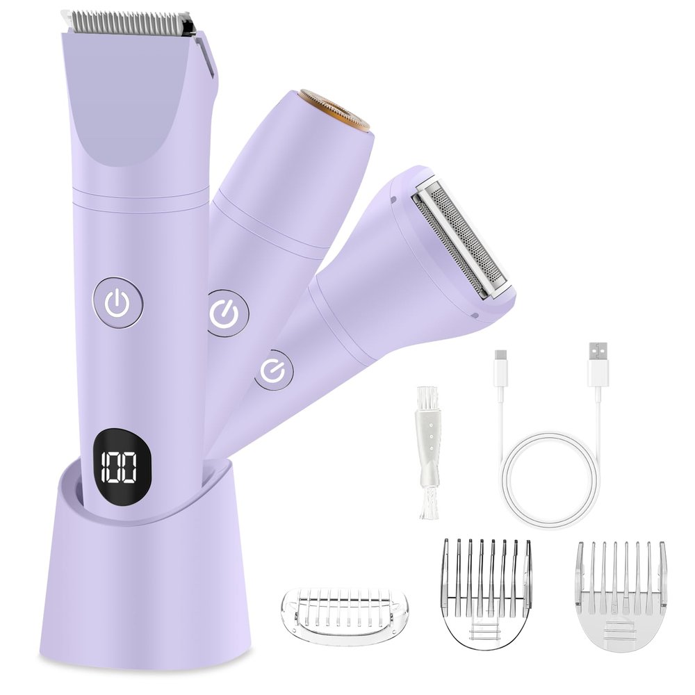 Bikini Trimmer for Women, Electric Razor for Pubic Hair 3-in-1, Bikini Shaver for Legs Body Hair, Womens Electric Razor IPX6 Waterproof, Gifts for Women,Purple