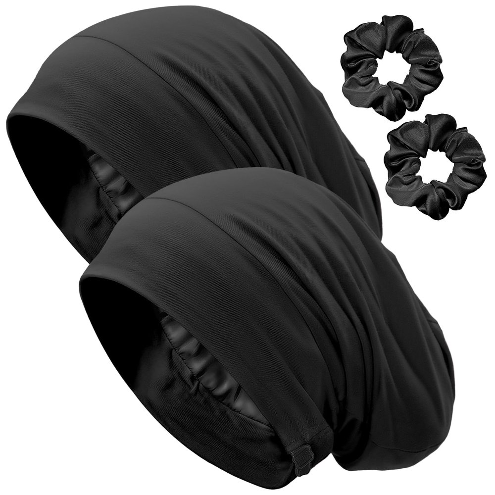 Satin Lined Bonnet for Sleeping Women Men - Adjustable Sleep Cap, Slouchy Beanie Hair Wrap for Curly Braid Locs, M Black (2-Pack)