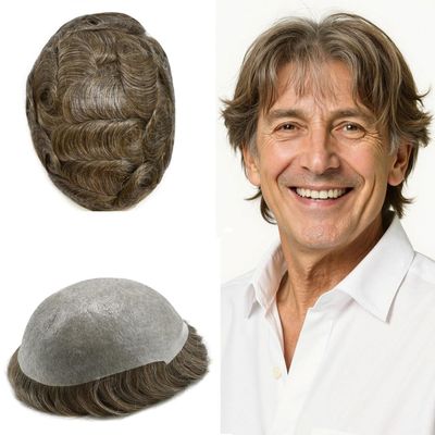 Super Thin Skin Mens Toupee 0.03mm Ultra Thin Skin Hair System For Men Human Hair Black Brown Blonde Gray V-looped Hairpiece 8''x10''100% Light Density, 360# Dark Brown With 60% Gray