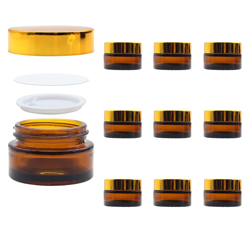 0.71oz Thick Small Glass Jars w/Lids & Inner Liners,WINCUR Refillable Cosmetic Lotion Containers Bottle Amber Glass Mason Jars for Cream, Honey, Jam, Jelly 10 Pack(Gold Lids 1.81 * 1.3")