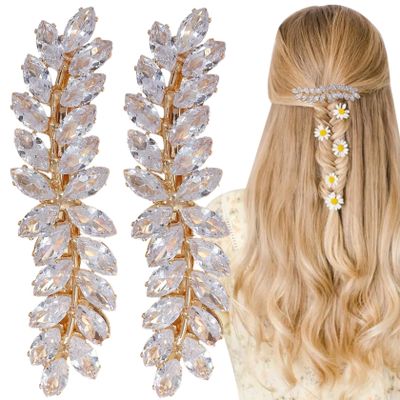 2PCS Hair Barrettes for Women Wheat Ear Rshaped Gold Barrettes for Women Vintage Hair Accessories Sparkly Clips Zircon Fancy Clips for Long, sports
