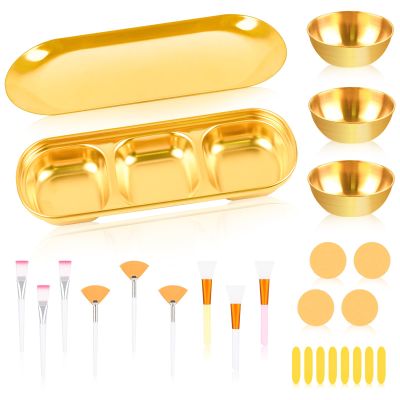 26Pcs Esthetician Supplies for Facials Set - 3 Stainless Steel Gold Mixing Bowls Gold Small Serving Tray 3 Compartment Serving Tray 3 Facial Fan Brushes 6 Face Mask Applicator Brush 12 Face Sponges