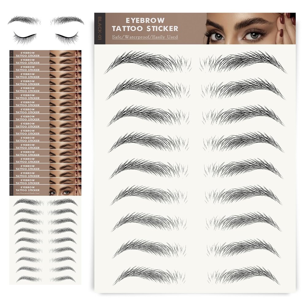 20 Sheets Eyebrow Tattoo Waterproof Eyebrow Sticker, 4D Hair Like Natural Fake Tattoo Eyebrows Peel Off Instant Transfers Brows Shaper Eyebrow Makeup Sticker for Women Girls, Tapered Black