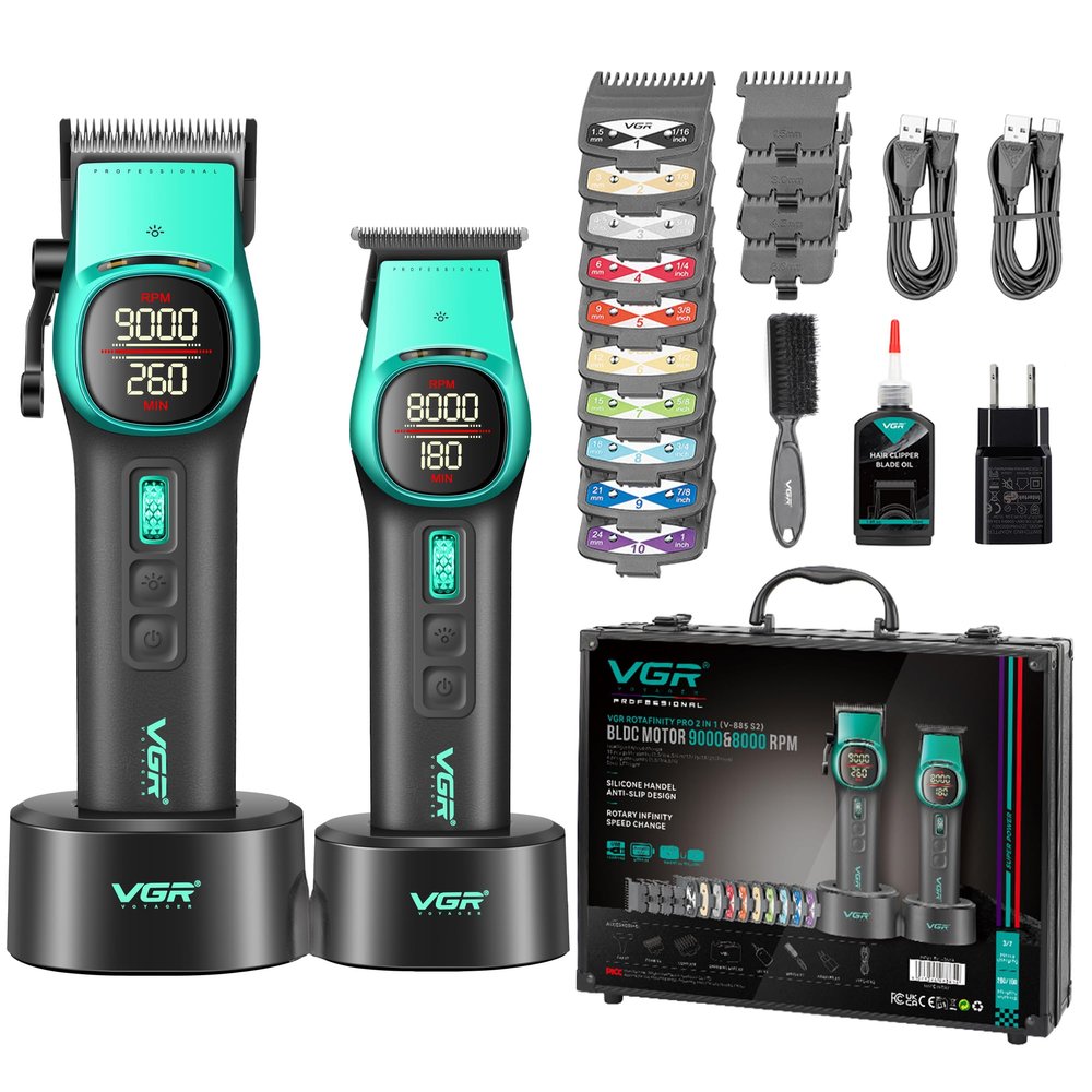 VGR 885 S2 Cordless Barber Clippers and Trimmers Kit, Professional Hair Clippers for Men, Haircut Kit with DLC-Coated Ceramic Blades, 21-Speed Roller, 2 Magnetic Charging Bases, LED Display, Green