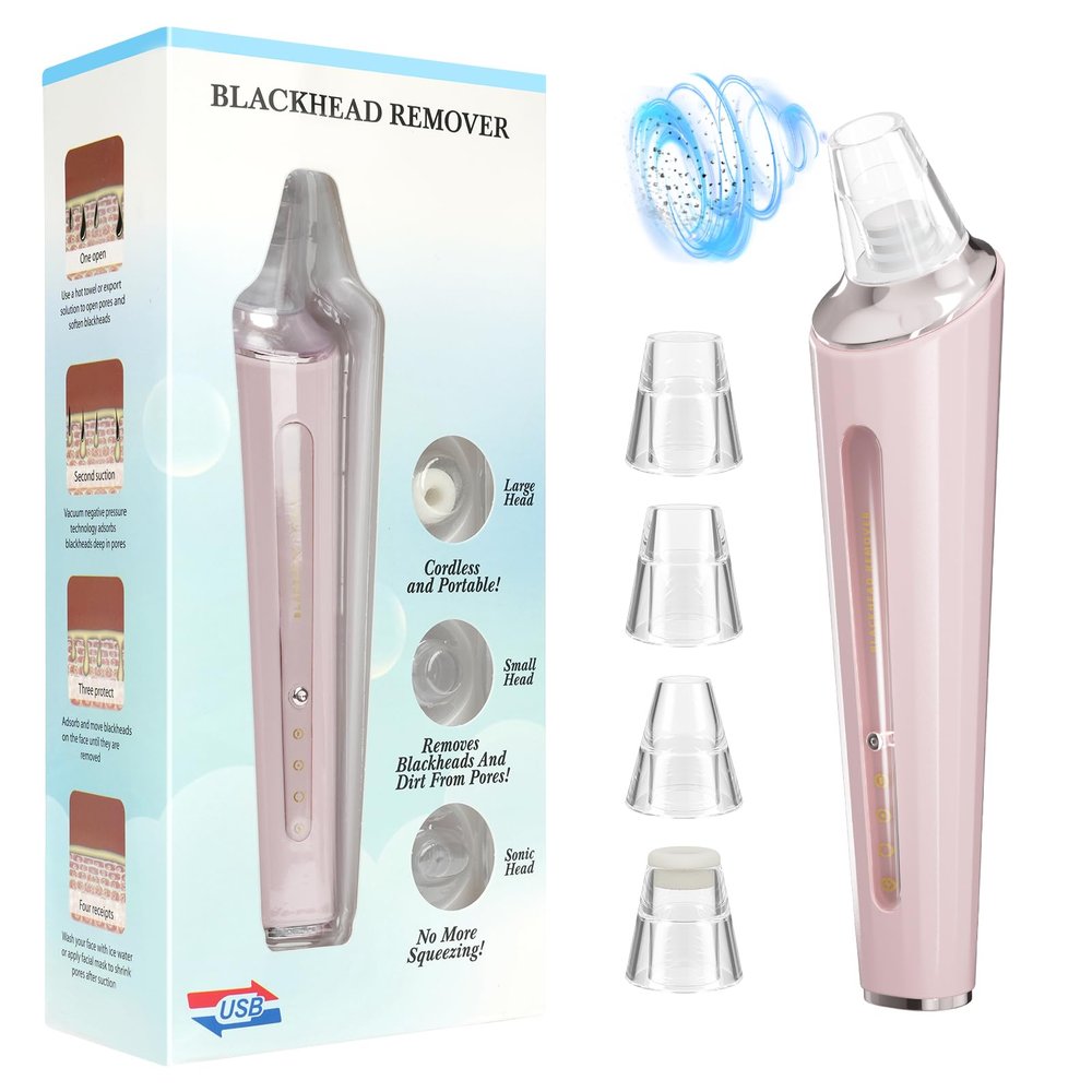 Blackhead Remover Vacuum, Pore Cleaner Blackhead Extractor, Pore Vacuum with 3 Adjustable Suction Levels & 4 Probes, USB Rechargeable Blackhead Remover Tools for Face & Nose (Pink)