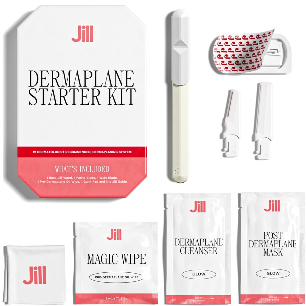 Jill Dermaplane Starter Kit for Women in Cream Facial Razor & Exfoliating Blade Set with Pre-Shave Magic Wipe, Gentle Skin Cleanser, Glow Moisturizer & 2 Disposable Dermaplane Blades