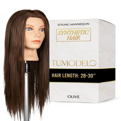 Tumodelo - 28-30 Length- Olive Mannequin Head for Hair Cutting & Styling Synthetic Hair for Cosmetology Training - Hot Tools, Coloring, Perming, Braids & More, Light Brown Color (w/out stand)