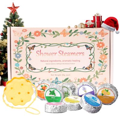 8 Packs Shower Steamers Aromatherapy Bundle with 1 Pack Yellow Silicone Shower Steamers Holder/Tray/Hanger, Stress-Relief Spa Shower Steamer, Christmas/Birthday Gifts for Women & Men