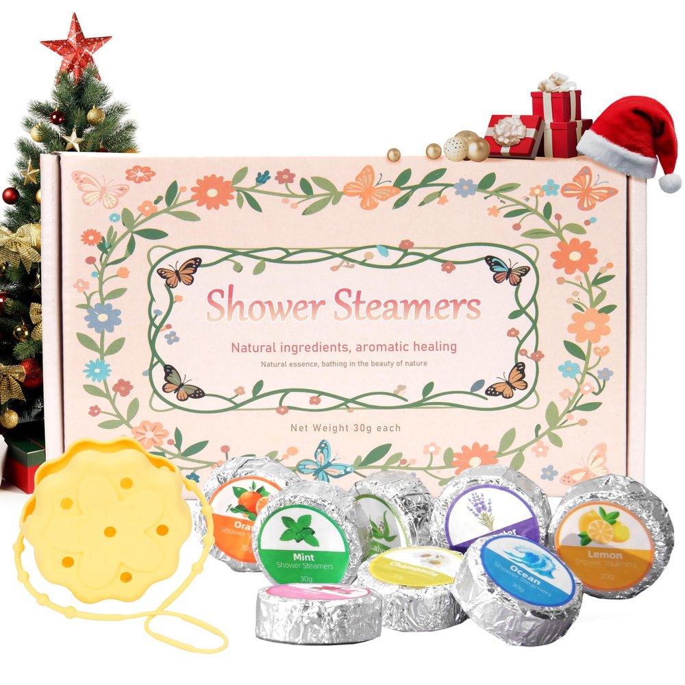 8 Packs Shower Steamers Aromatherapy Bundle with 1 Pack Yellow Silicone Shower Steamers Holder/Tray/Hanger, Stress-Relief Spa Shower Steamer, Christmas/Birthday Gifts for Women & Men