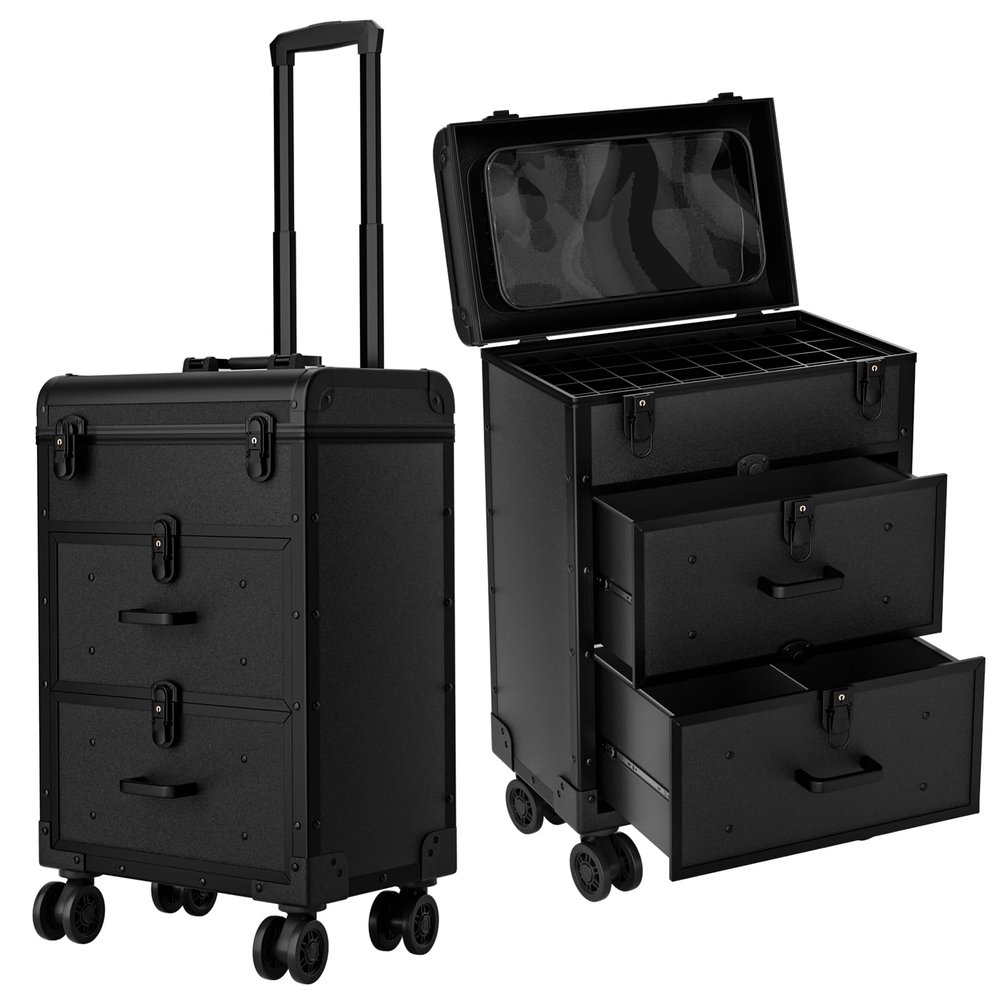ALUROICE Large Rolling Makeup Train Case, Professional Travel Cosmetology Case on Wheels with Drawers, 3 Tiers Nail Organizers Storage Case for Nail Tech, Tattoo, Hairstylist, Makeup, Large