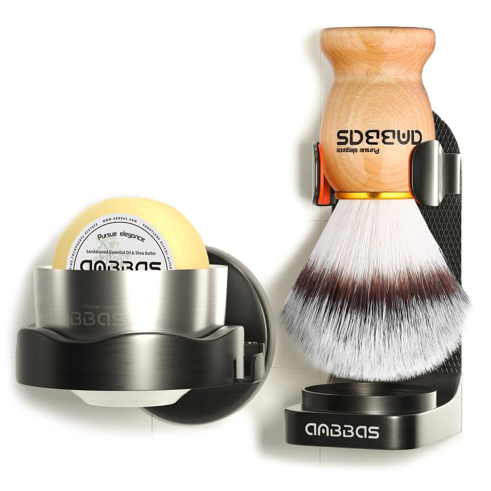 Anbbas 5IN1 Shaving Brush Set,Nylon Bristles Wood Handle and Stainless Steel Soap Bowl,ABS Wall Mounted Shaving Holders for Brush and Bowl with 3.5 oz Shaving Soap Refill