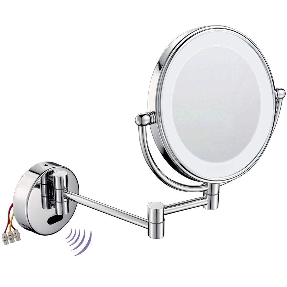 QOLOKAFG Light up Life& Makeup Mirrors Wall Mounted,8 Inch Double Sided Bathroom Brass Lighted Magnifying Folding Vanity Mirrors(3X)