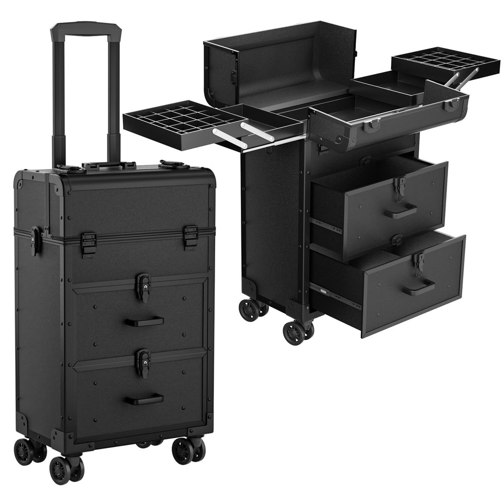 ALUROICE Large Rolling Makeup Train Case, Professional Travel Cosmetology Case on Wheels with Drawers, 3 Tiers Nail Organizers Storage Case for Nail Tech, Tattoo, Hairstylist, Makeup, Extra Large