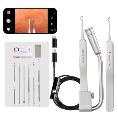 Annalynna Visual Blackhead Remover Tweezers with Camera - 20x Magnification Pimple Popper Tweezers, with 2* Curved Comedone Extractor, Professional Pimple Acne Blemish Removal Tools Kit (6 Pcs Kit)